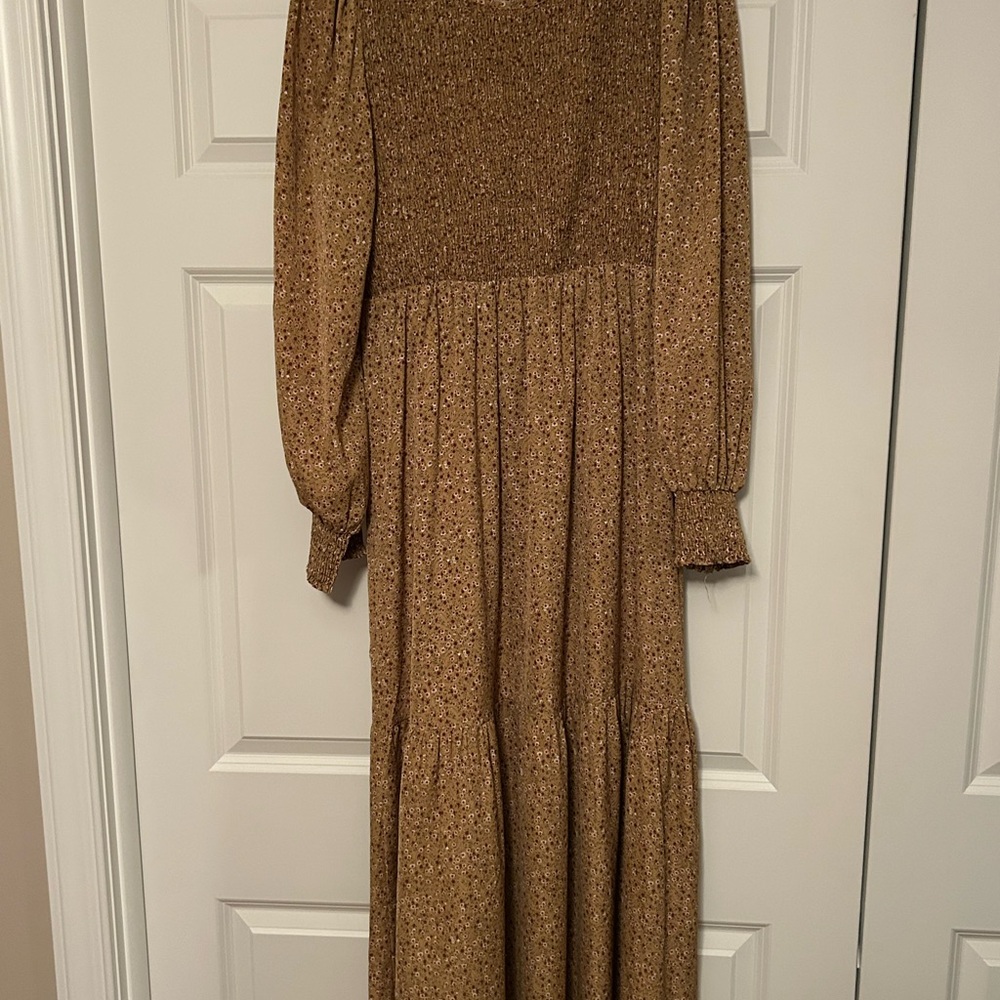 Elegant Long Sleeve Tan Maxi Dress